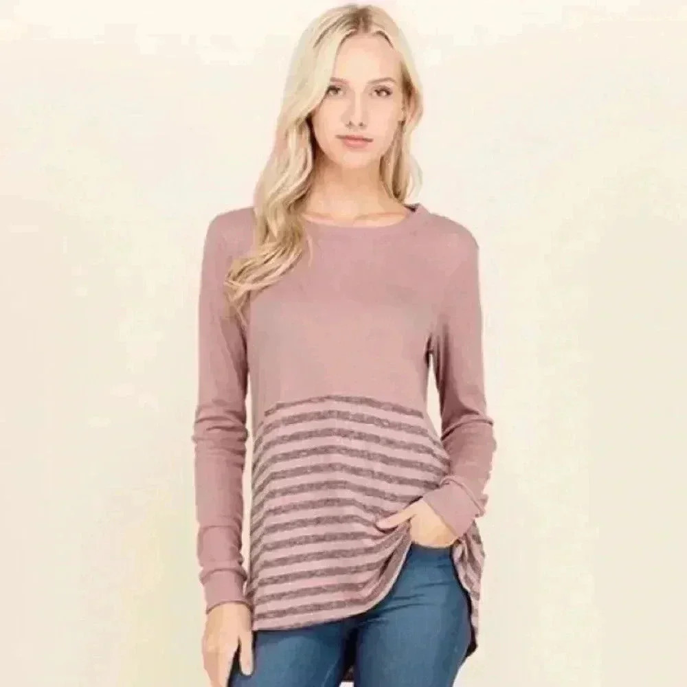 "Mag" Thermal Knit Top W Striped Detail